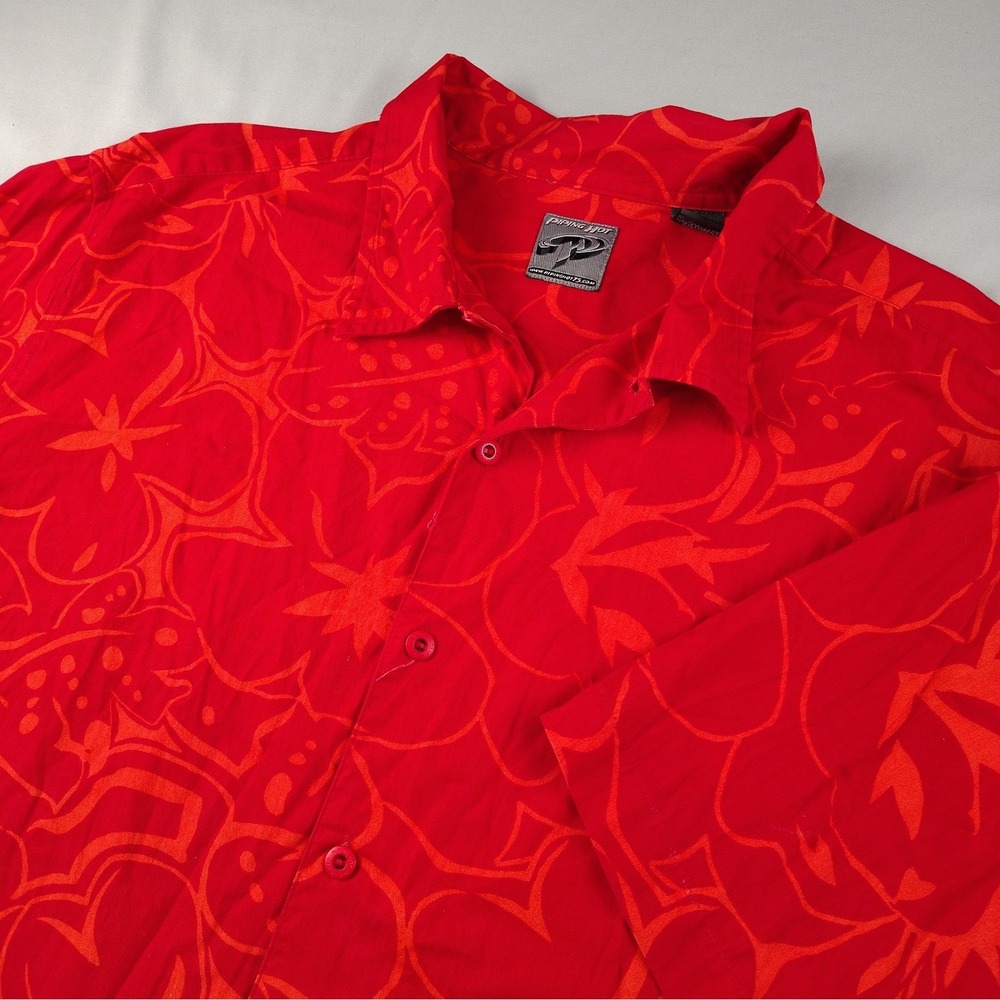 Piping Hot Hawaiian Shirt Mens L Red Button Up Short Sleeve Cotton Beach Ocean